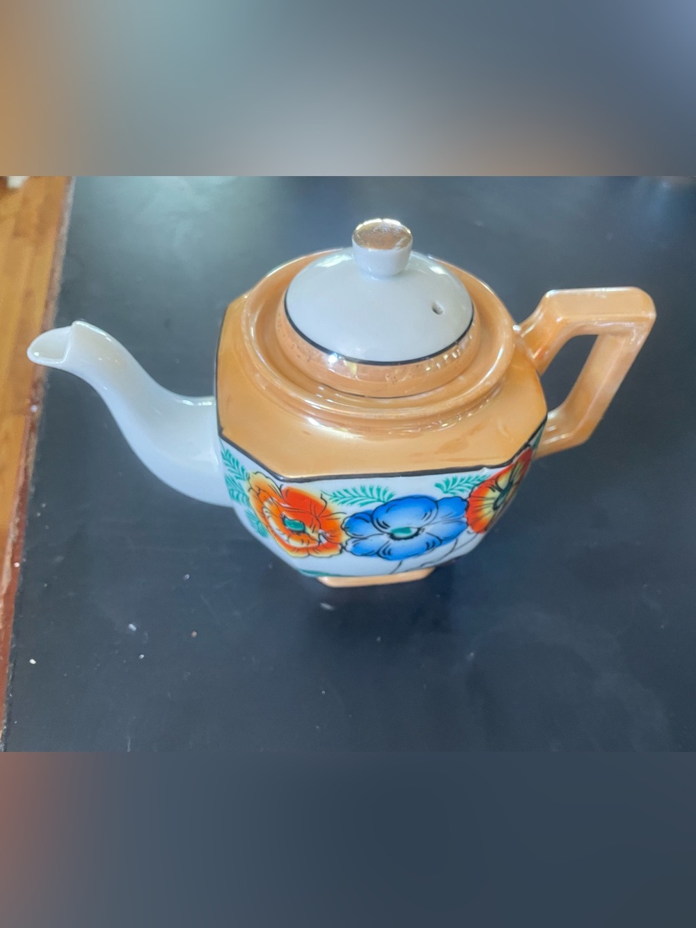 Vintage Floral Ceramic Teapot in Orange and Blue